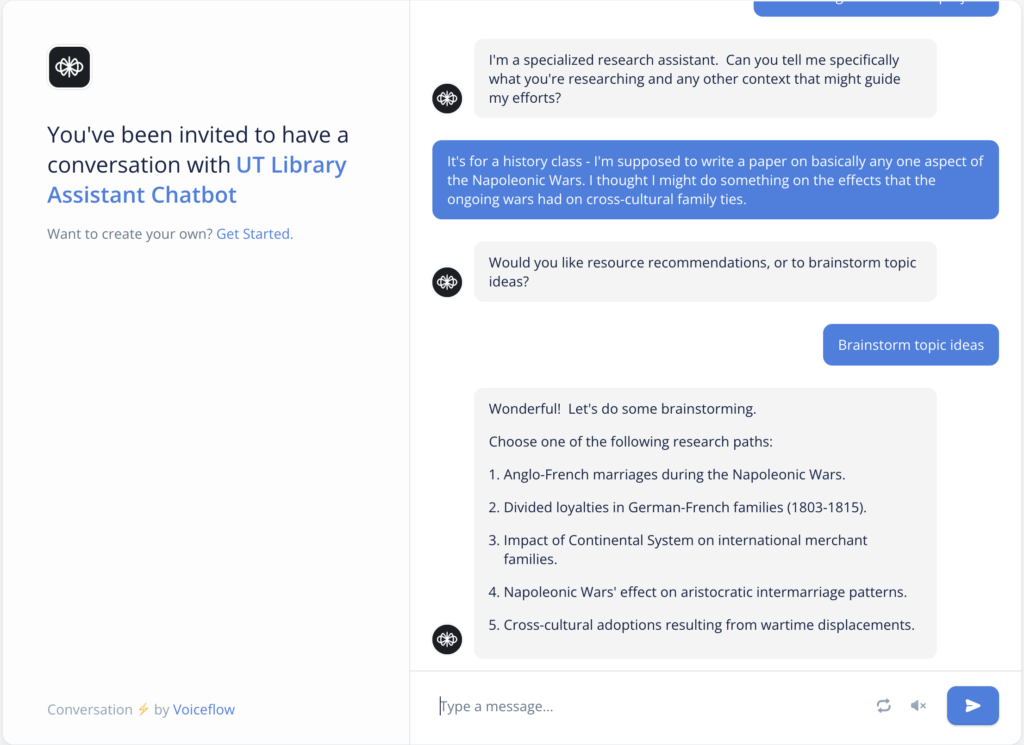 This image shows the beginning of a conversation with the library assistant chatbot, where a student could ask for help brainstorming research topics.  
